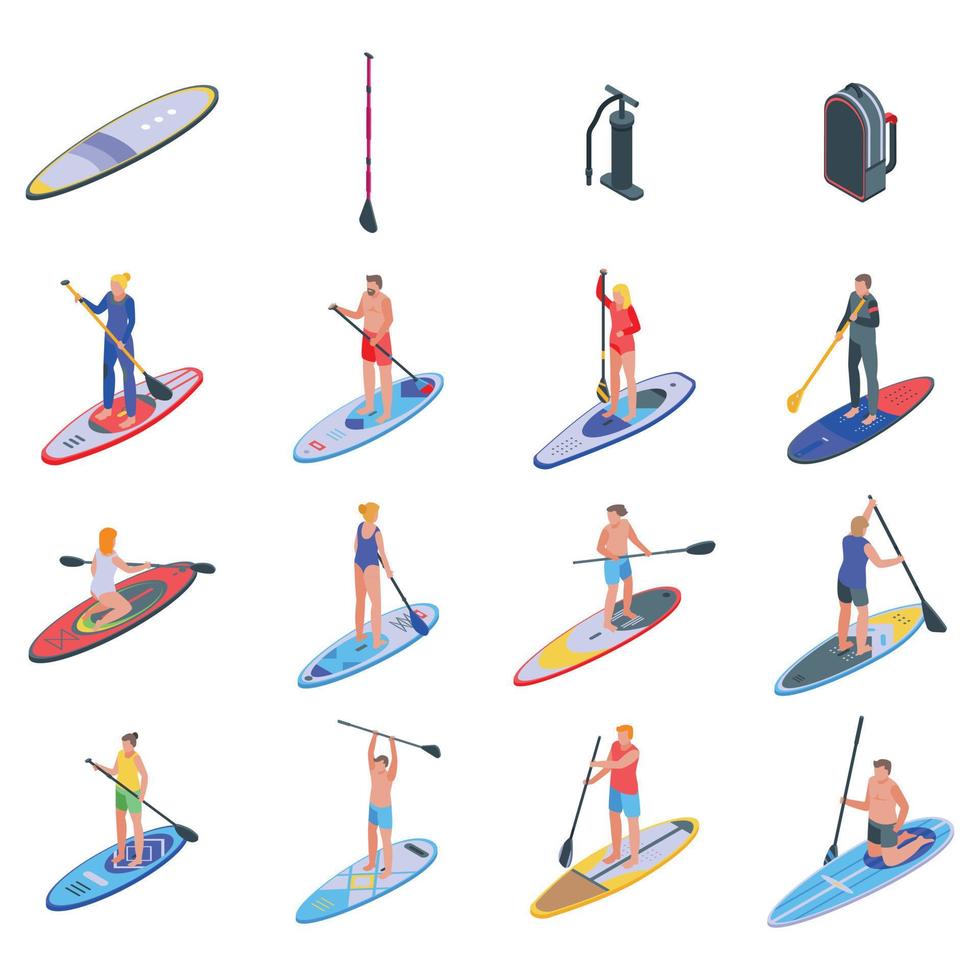 sup set di icone di surf, stile isometrico vettore