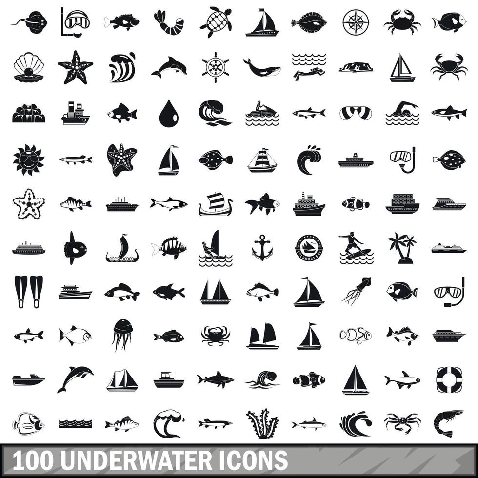 100 icone subacquee impostate, stile semplice vettore