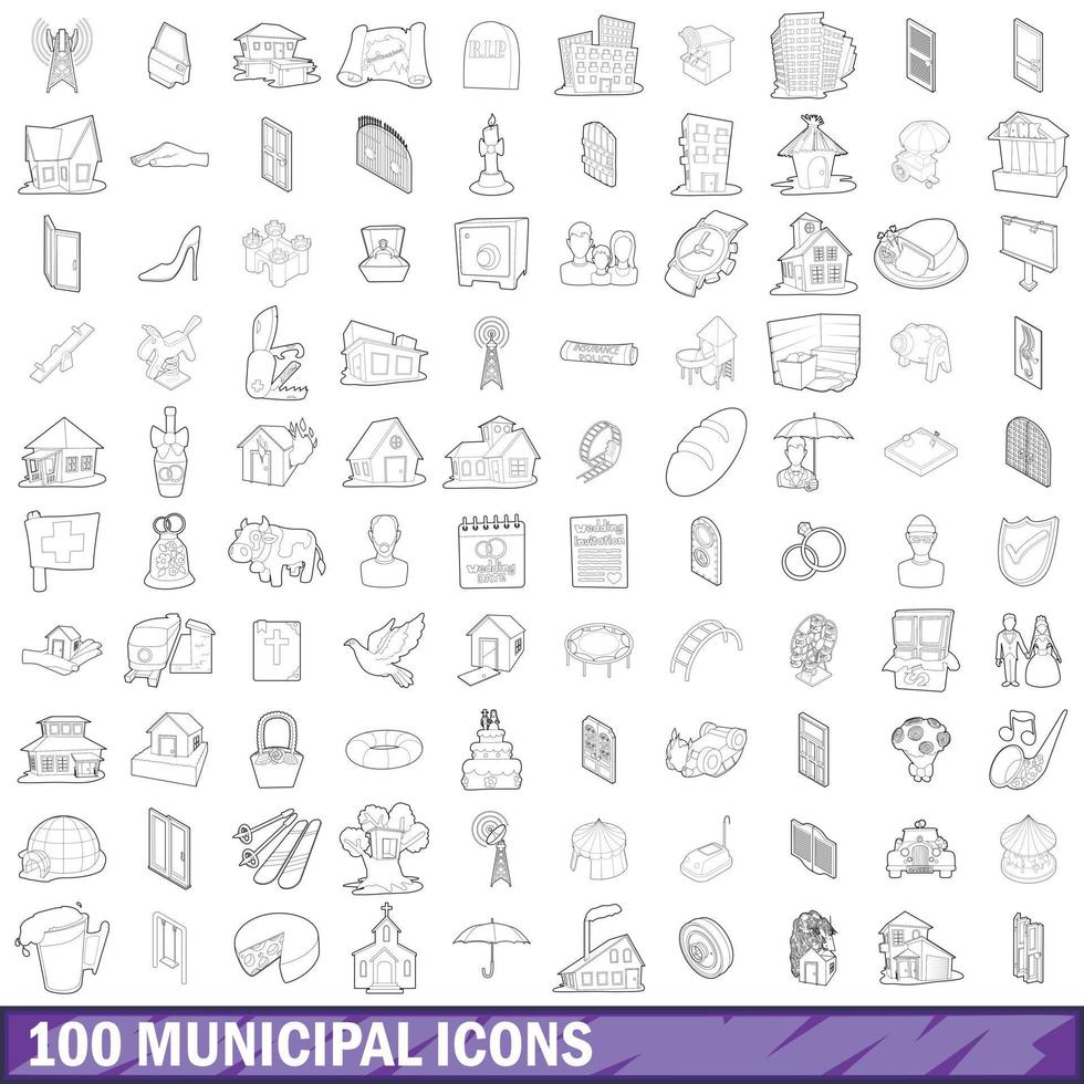 100 icone municipali impostate, stile contorno vettore