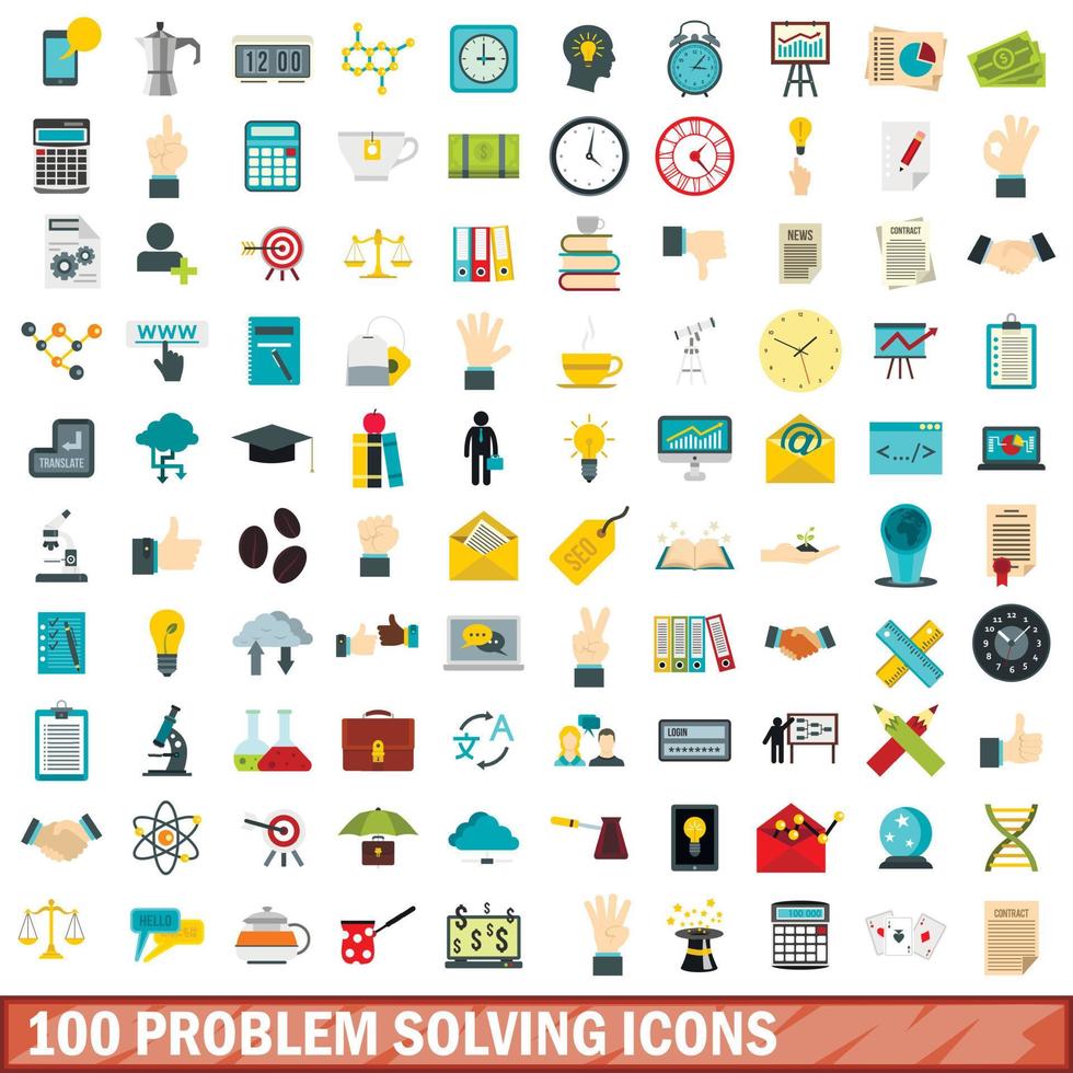 100 icone di risoluzione dei problemi impostate, stile piatto vettore