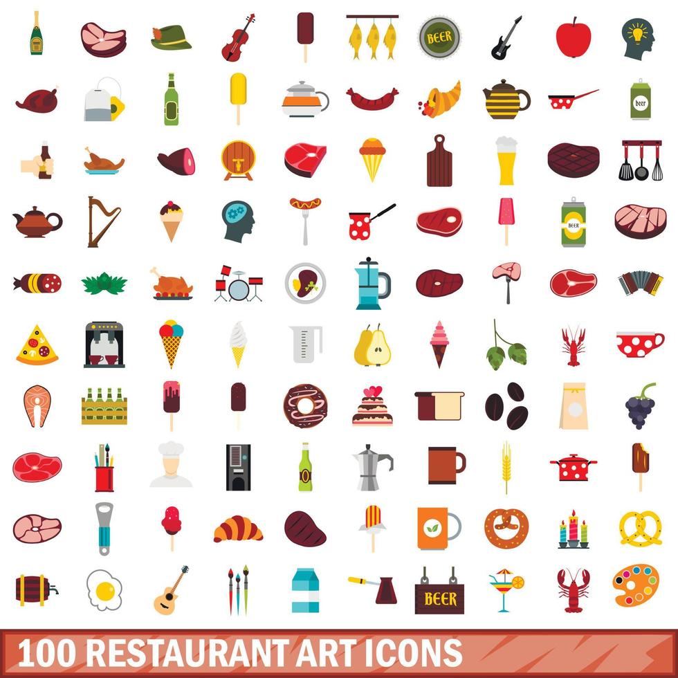 100 icone di arte del ristorante impostate, stile piatto vettore