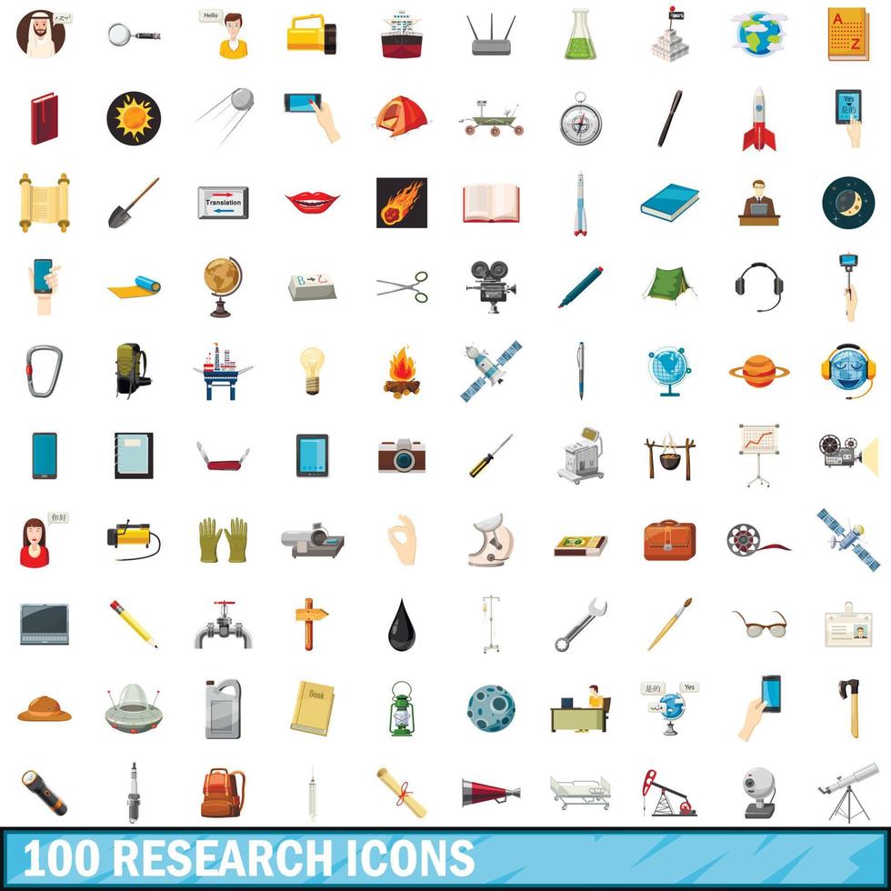 100 icone di ricerca impostate, stile cartone animato vettore