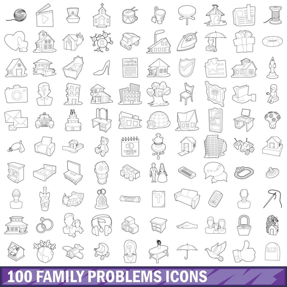 100 icone di problemi familiari impostate, stile contorno vettore