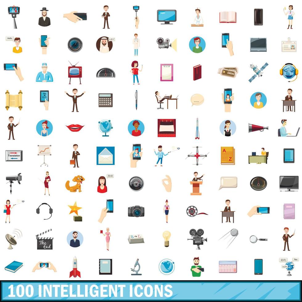 100 icone intelligenti impostate, stile cartone animato vettore