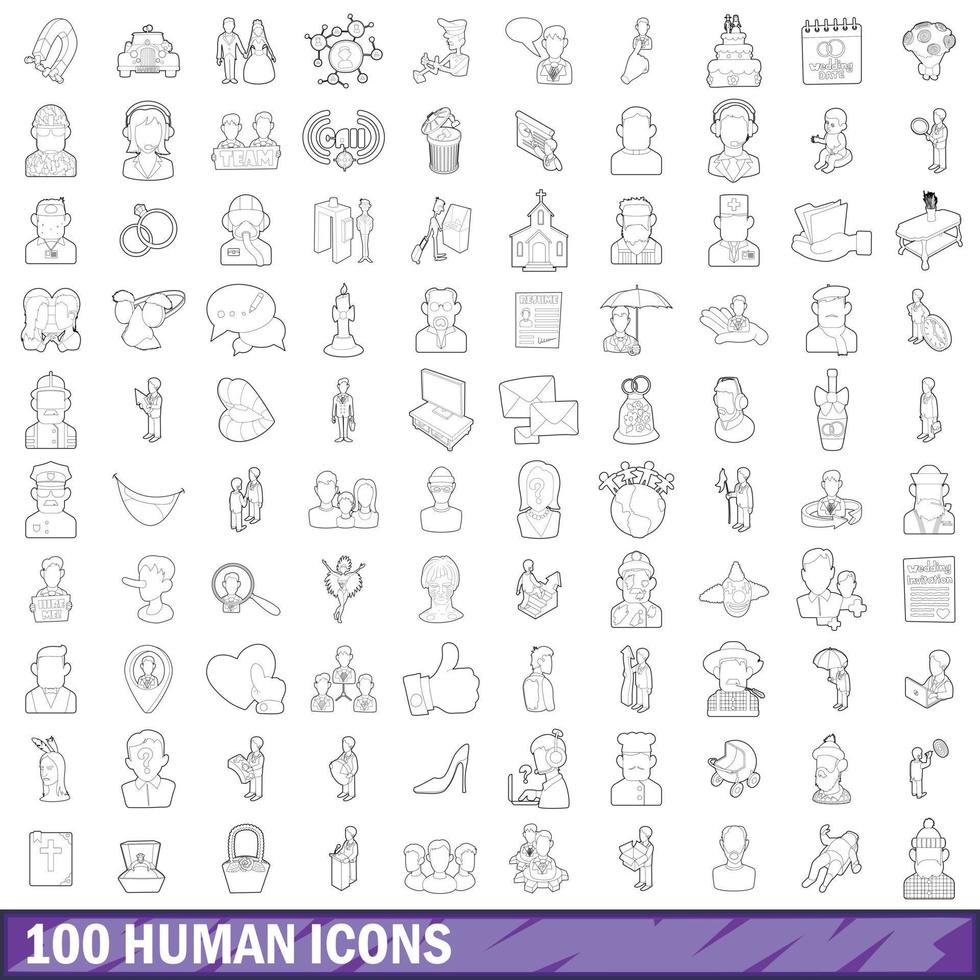 100 icone umane impostate, stile contorno vettore