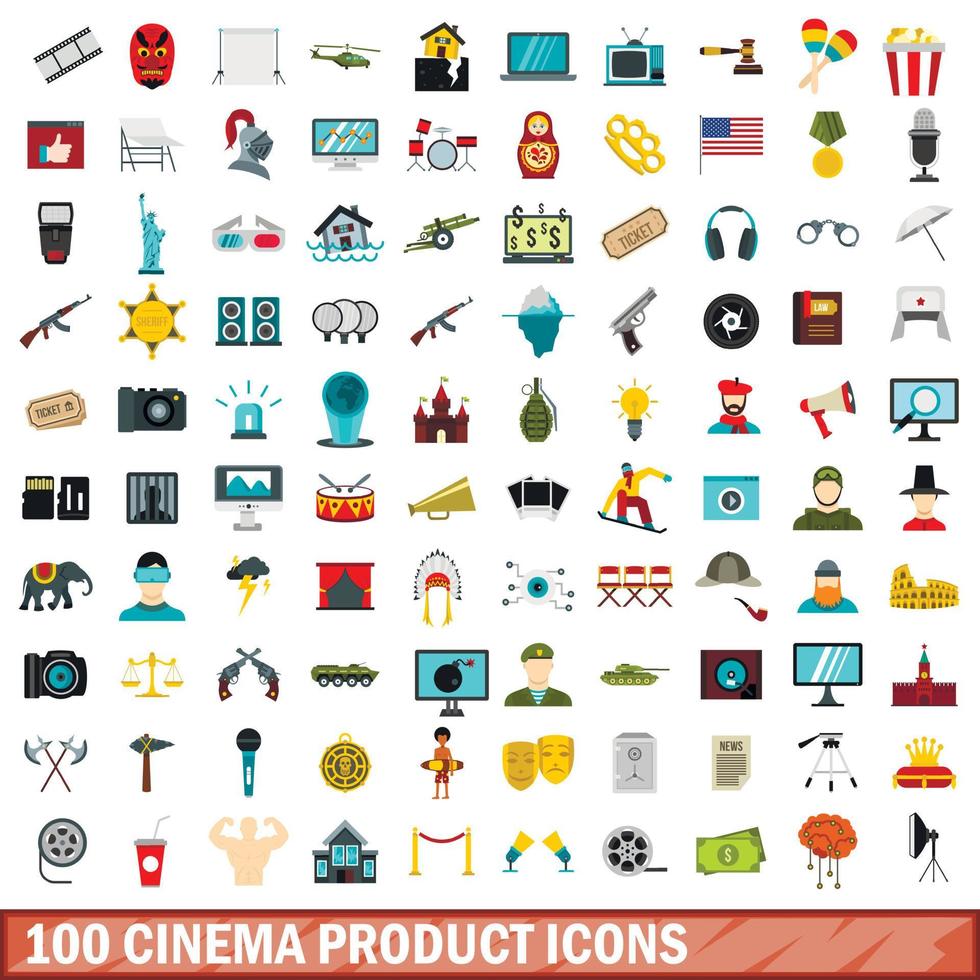 Set di 100 icone di prodotti cinematografici, stile piatto vettore