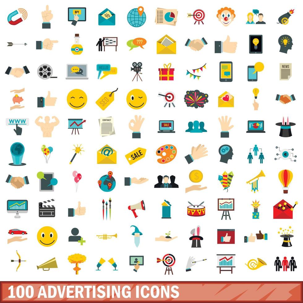 100 icone pubblicitarie impostate, stile piatto vettore