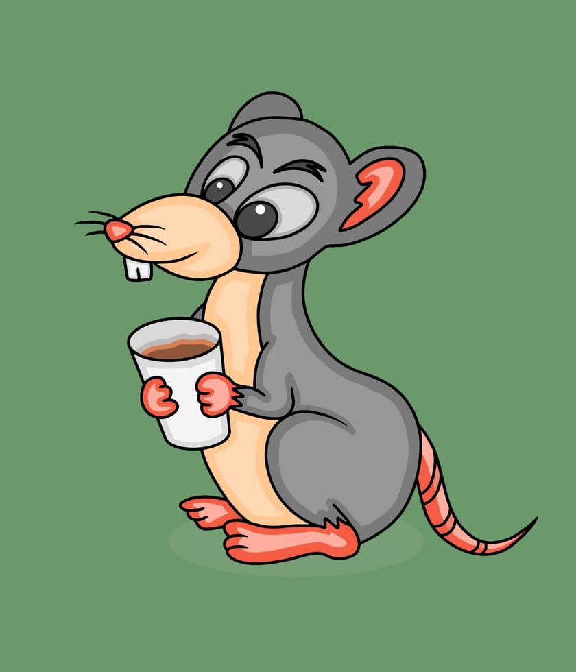 illustrazione grafica vettoriale di un mouse in possesso di una tazza di caffè. questa illustrazione è perfetta per copertine di libri per bambini e altre esigenze di progettazione. semplice illustrazione vettoriale