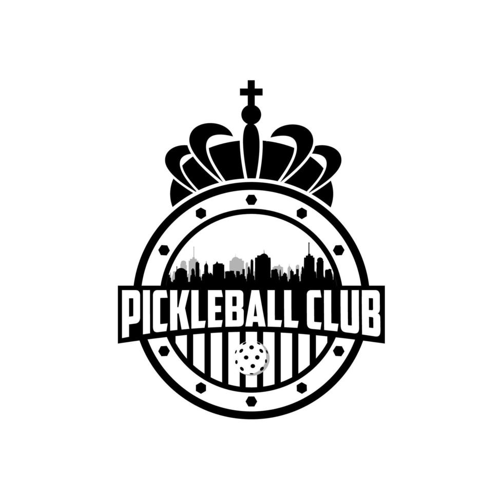 distintivo del logo della comunità pickleball con sfondo circolare e corona vettore