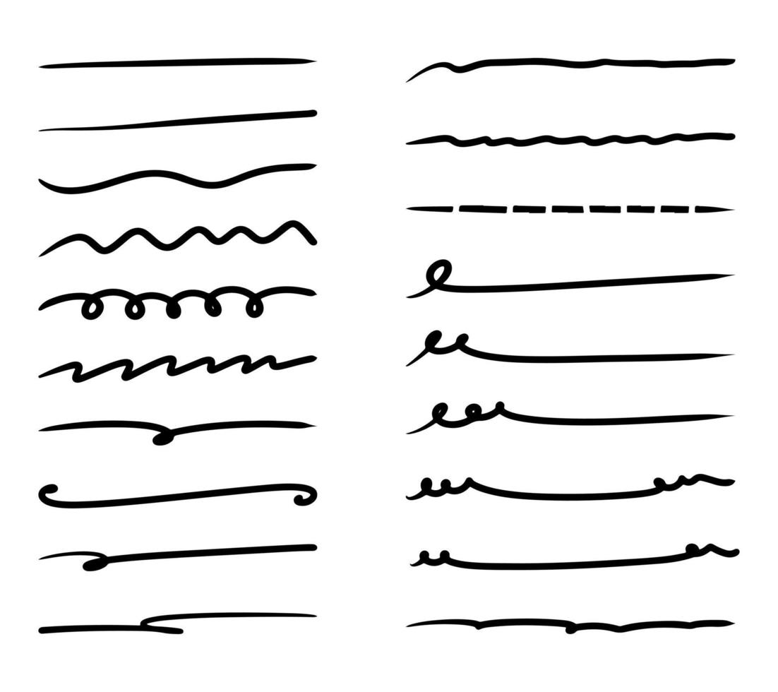 elementi di evidenziazione disegnati a mano. tratti di pennarello nero isolati su sfondo bianco. illustrazione vettoriale. vettore