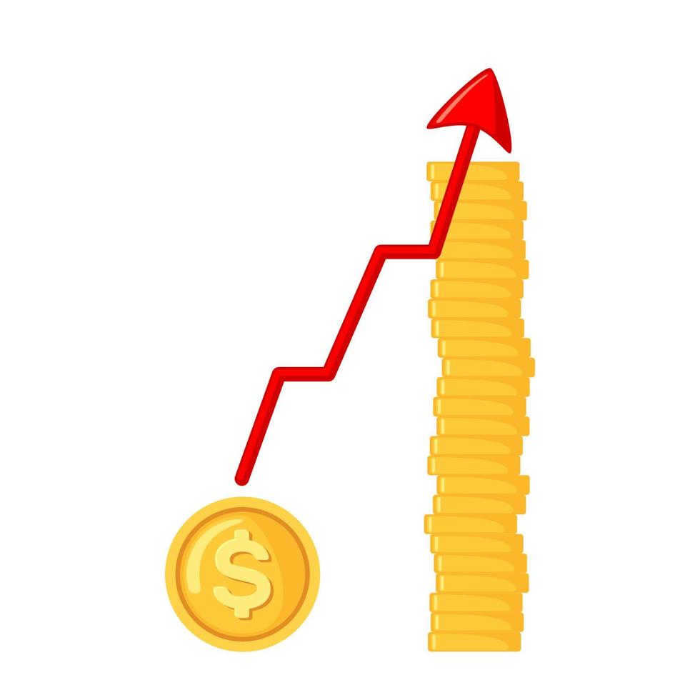 icona del grafico in aumento della crescita delle entrate in stile piano isolato su priorità bassa bianca. il dollaro sta crescendo. illustrazione vettoriale. vettore