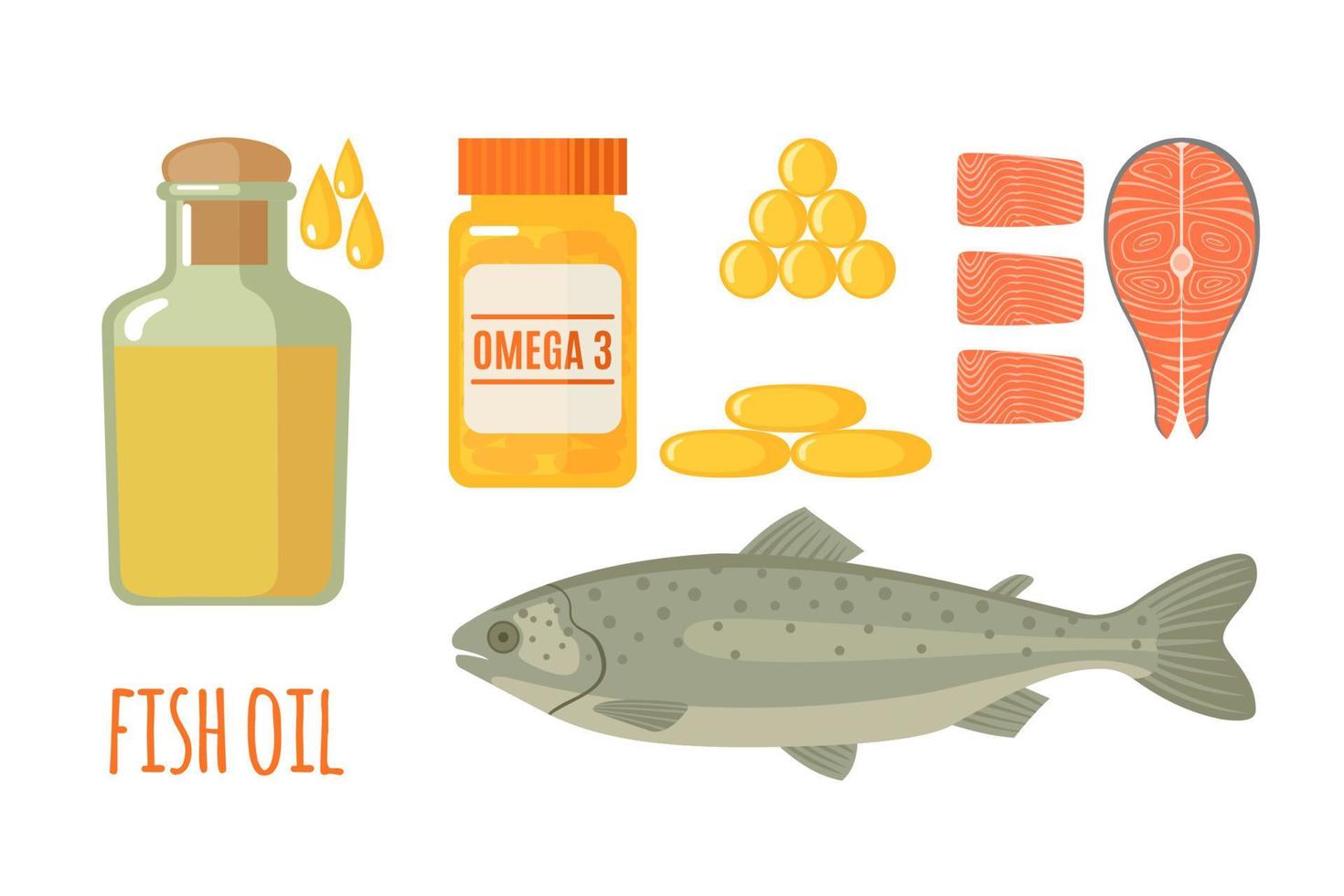 icone di olio di pesce in uno stile piano isolato su priorità bassa bianca. frutti di mare sani, olio di pesce in bottiglia e pillole softgel. illustrazione vettoriale. vettore