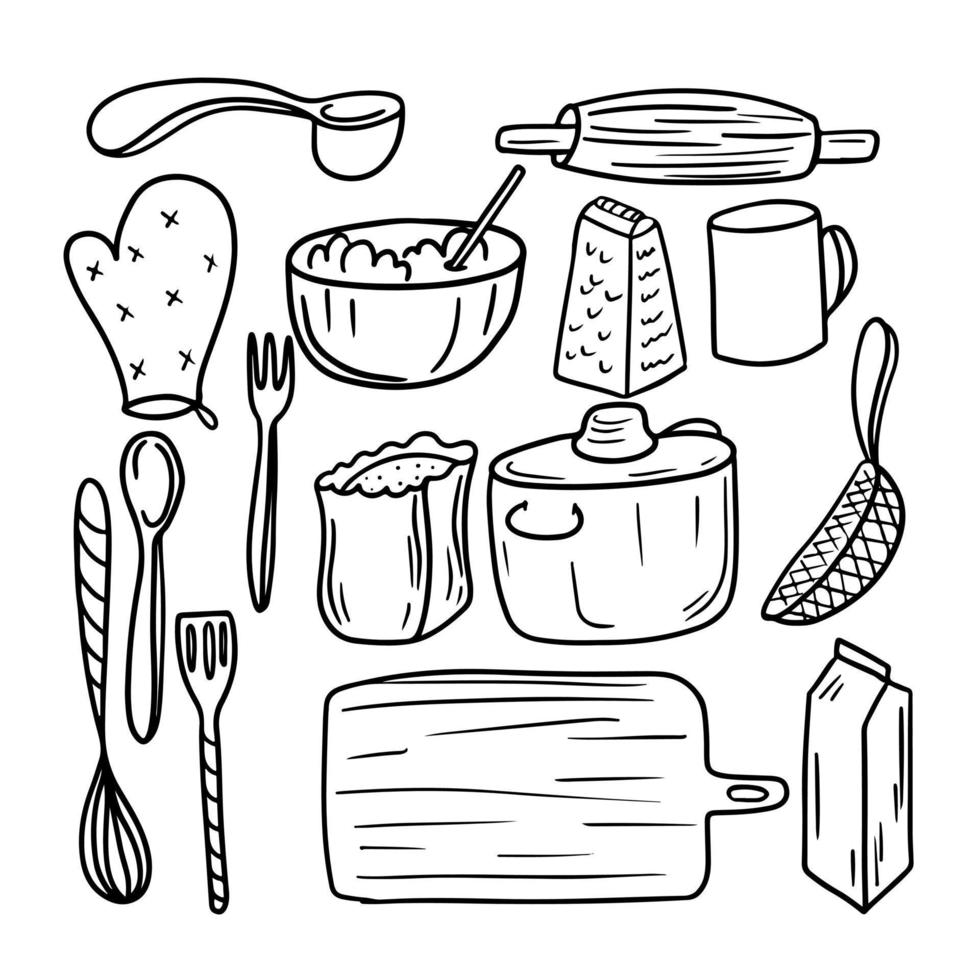 insieme disegnato a mano di elementi da cucina ciotola, cucchiaio, farina, scala. stile di schizzo di scarabocchio. illustrazione per icona, menu, design di ricette. vettore