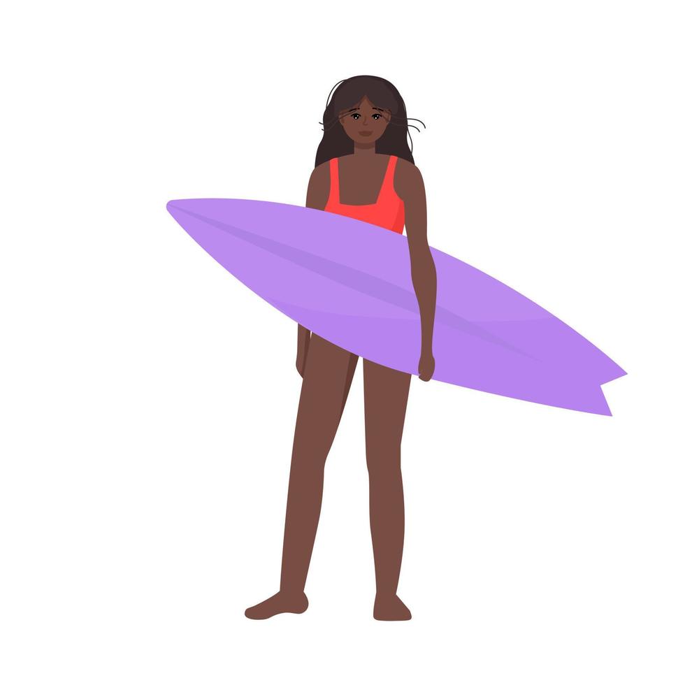 femmina in costume da bagno che tiene la tavola da surf. felice femmina godere di attività all'aperto stile di vita sport estremi surf in vacanza estiva. vettore