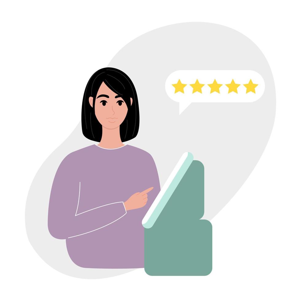 carattere del concetto di feedback. la donna sta davanti al terminale e valuta il prodotto, l'impressione, il servizio. Valutazione a 5 stelle, feedback dei clienti. modello per il design. illustrazione vettoriale in stile piatto.