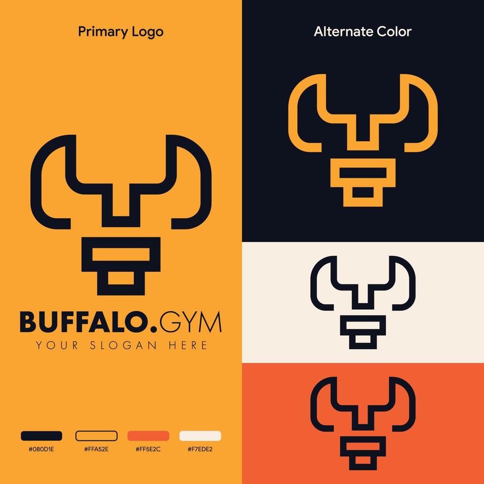 design semplice e minimalista del logo della testa di bufalo con manubri vettore