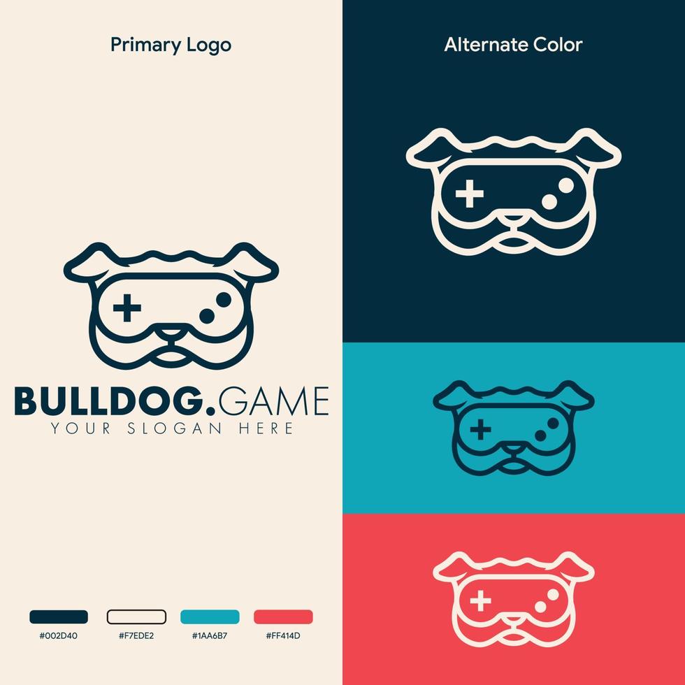 design semplice e minimalista del logo di gioco del gamepad del joystick del bulldog vettore