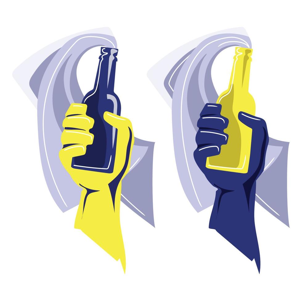 cocktail molotov in mano umana in colore blu e giallo illustrazione vettoriale.mano che tiene cocktail molotov, segno della resistenza ucraina nella guerra contro la russia.concept art patriottico astratto. vettore