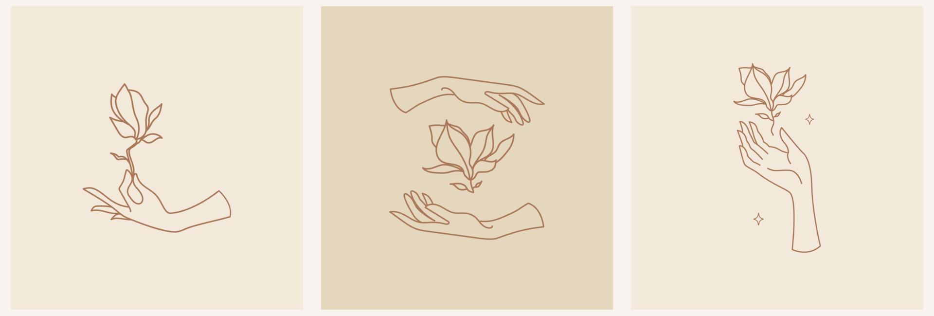 simboli femminili per cosmetici alla moda per la cura della pelle. mano femminile con fiore di magnolia, illustrazione vettoriale del logo modello in stile line art.
