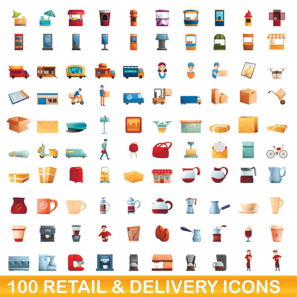100 icone di vendita al dettaglio e di consegna, stile cartone animato vettore