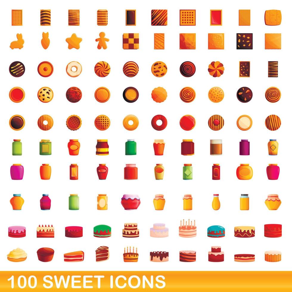 100 icone dolci impostate, stile cartone animato vettore