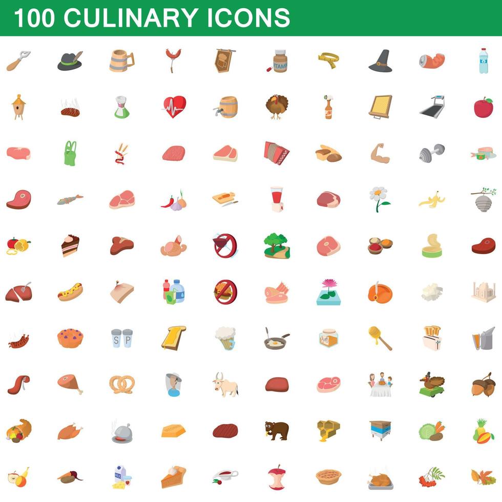 100 set di icone culinarie, stile cartone animato vettore