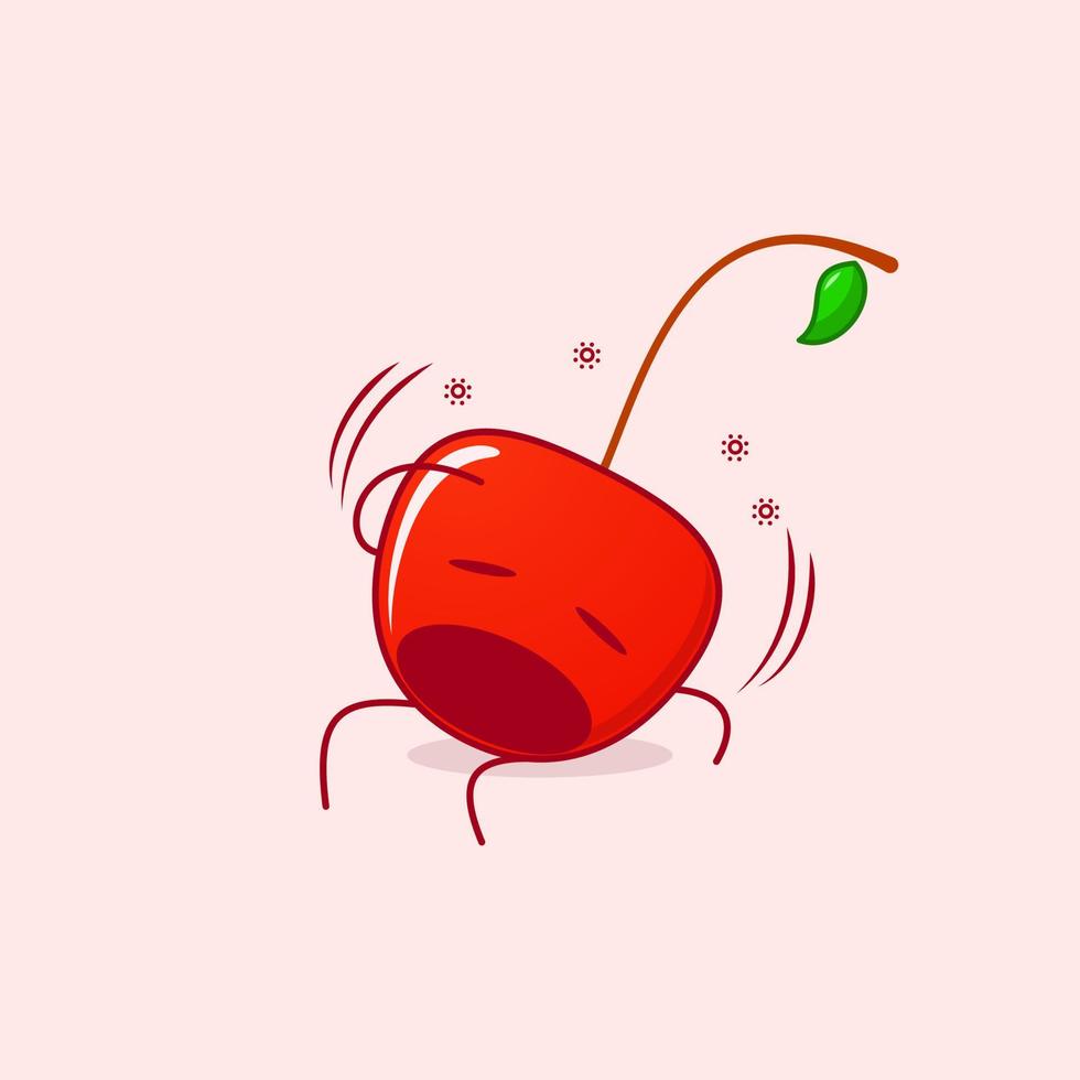 simpatico personaggio dei cartoni animati di ciliegia con espressione da capogiro, bocca aperta, siediti e una mano sulla testa. verde e rosso. adatto per emoticon, logo, mascotte e icona vettore