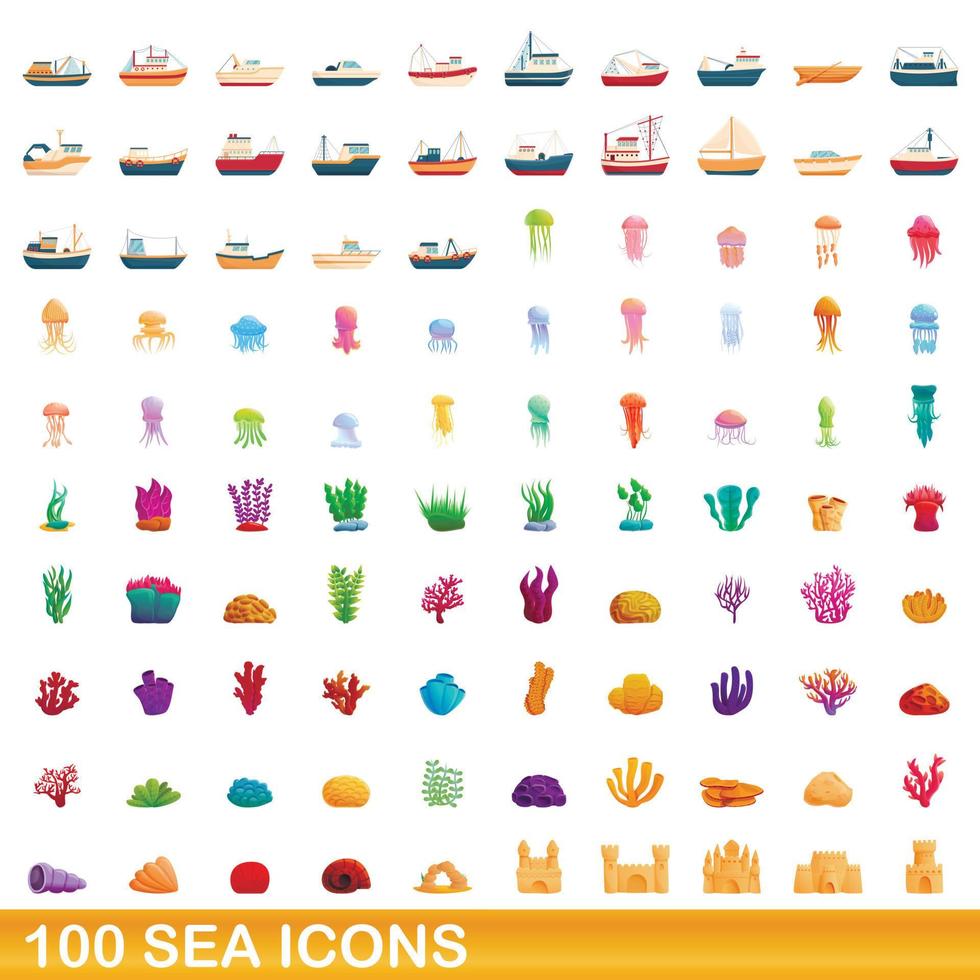 100 icone del mare impostate, stile cartone animato vettore