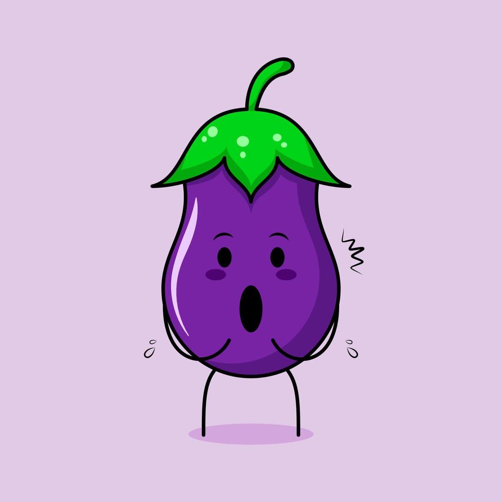 simpatico personaggio di melanzane con espressione impressionata e bocca aperta. verde e viola. adatto per emoticon, logo, mascotte e icona vettore