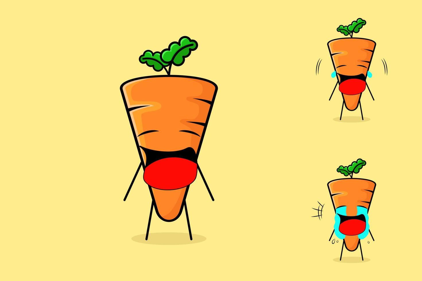 simpatico personaggio di carota con espressione piangente e bocca aperta. verde e arancione. fresco e contorno. per logo, icona, mascotte e segno vettore