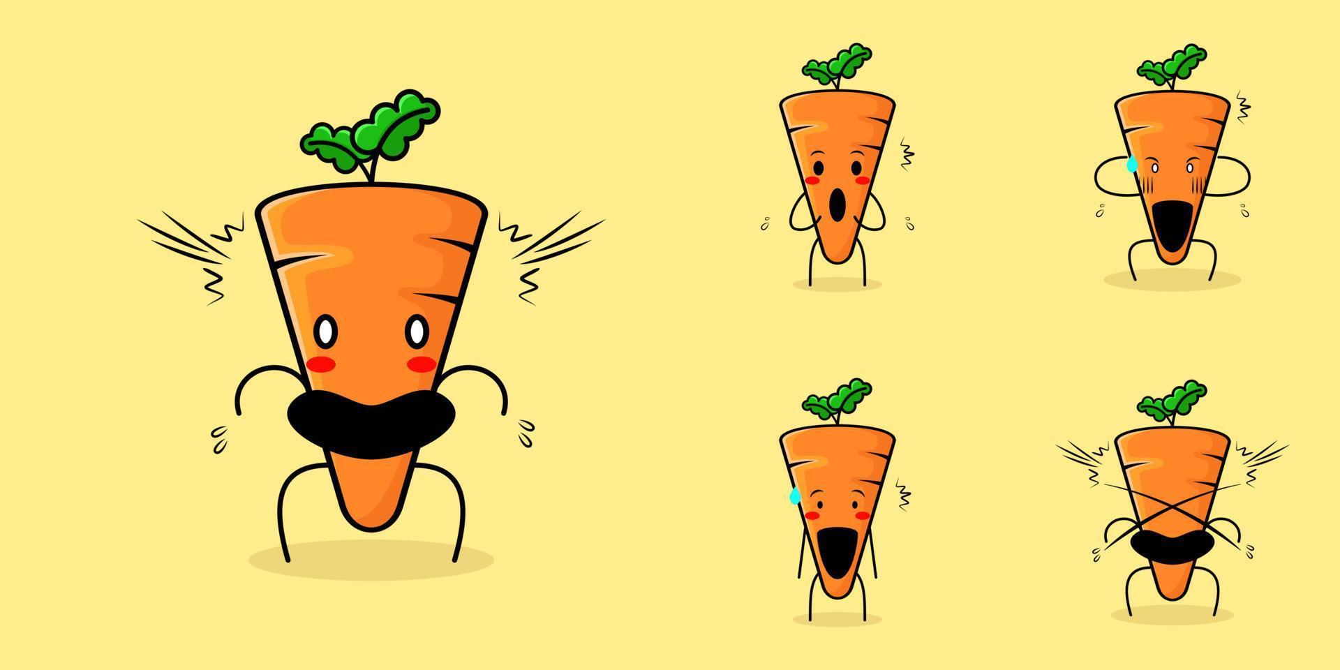 simpatico personaggio di carota con espressione scioccata, bocca aperta e occhi sporgenti. verde e arancione. adatto per emoticon, logo, mascotte o adesivo vettore