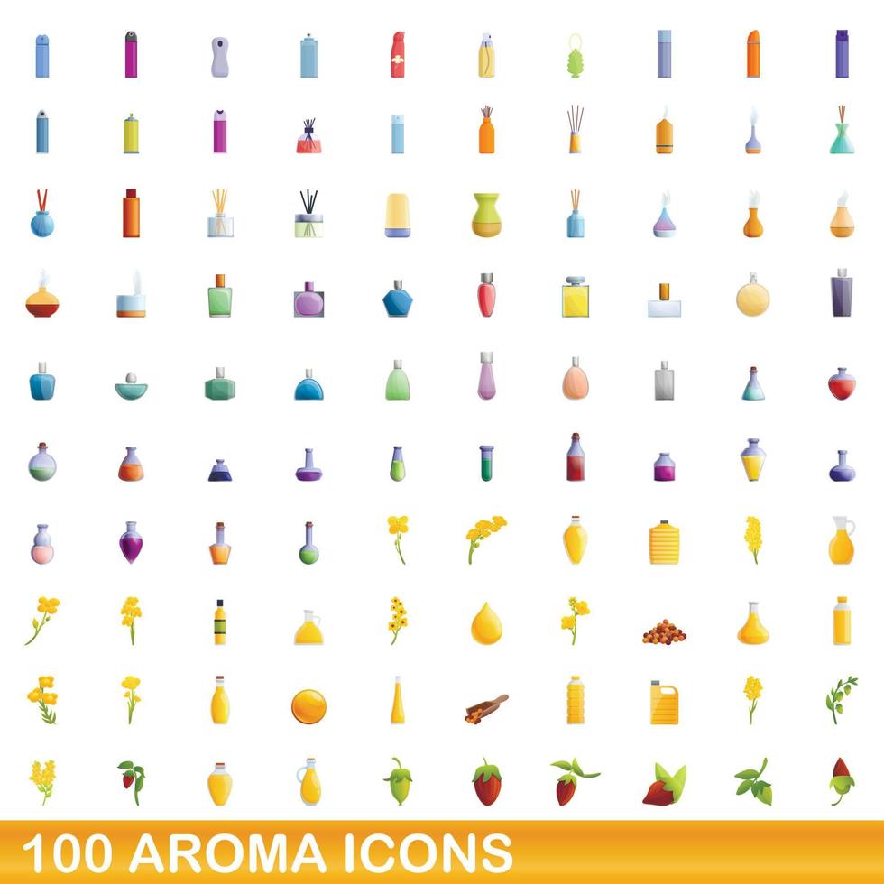 100 set di icone di aroma, stile cartone animato vettore