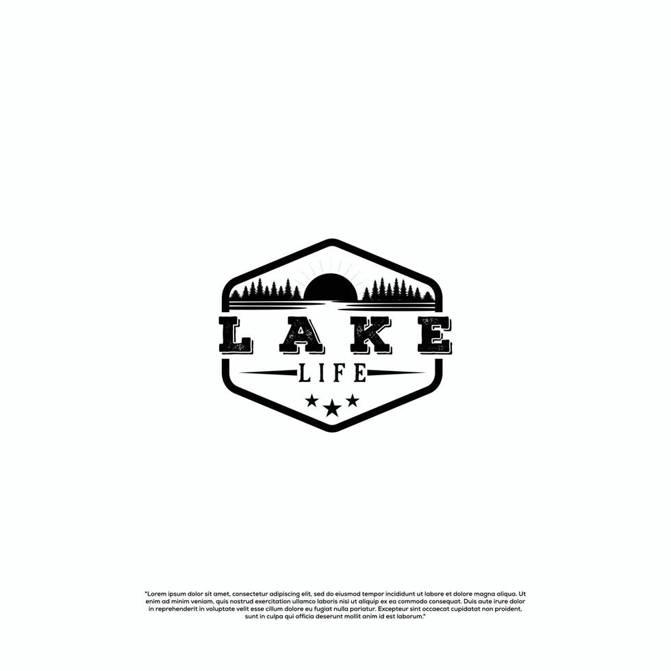 silhouette di paesaggio lago logo design vintage, logo di montagna vettore