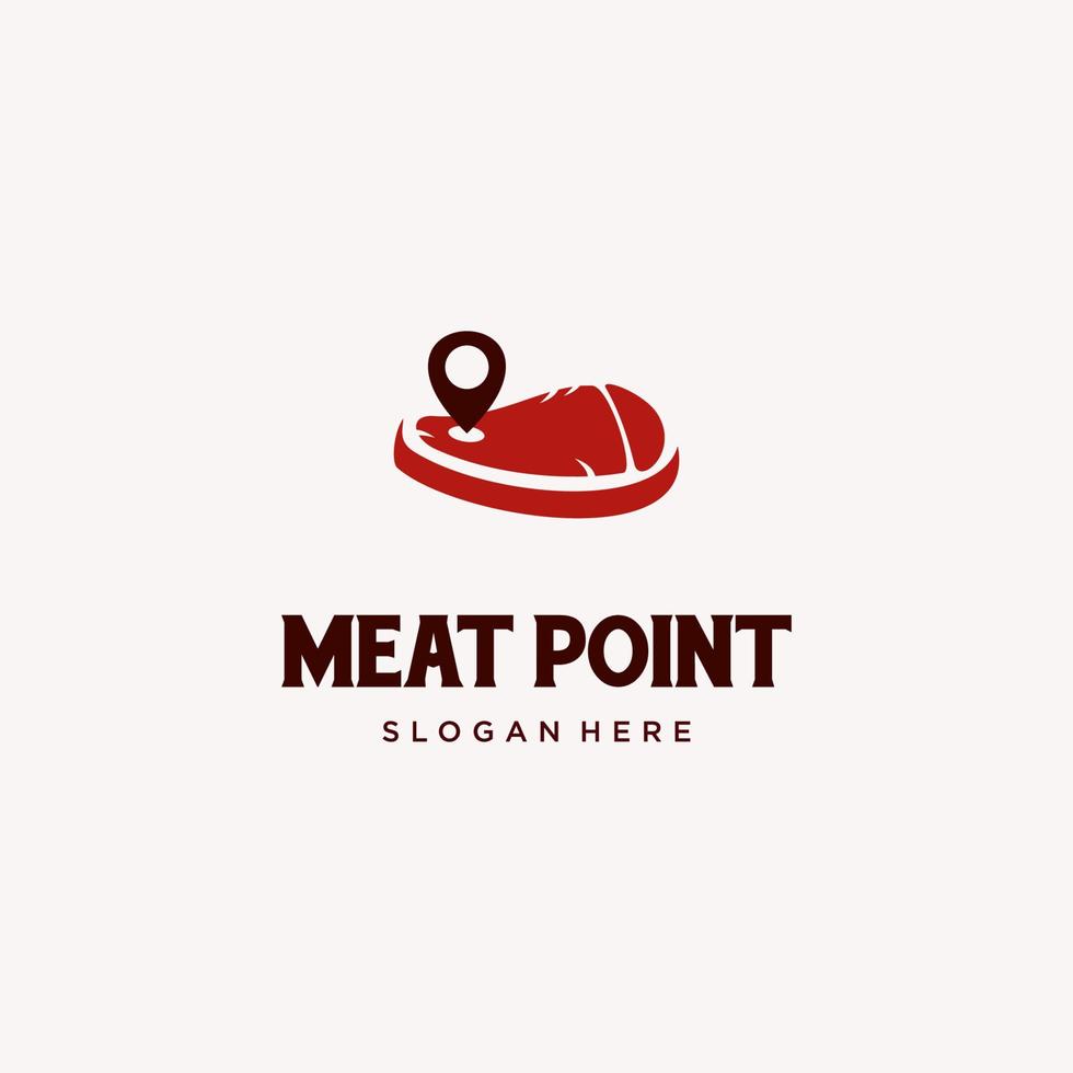 design del logo del punto di carne, bistecca con logo del puntatore, logo della posizione della carne, modello del logo della steak house vettore