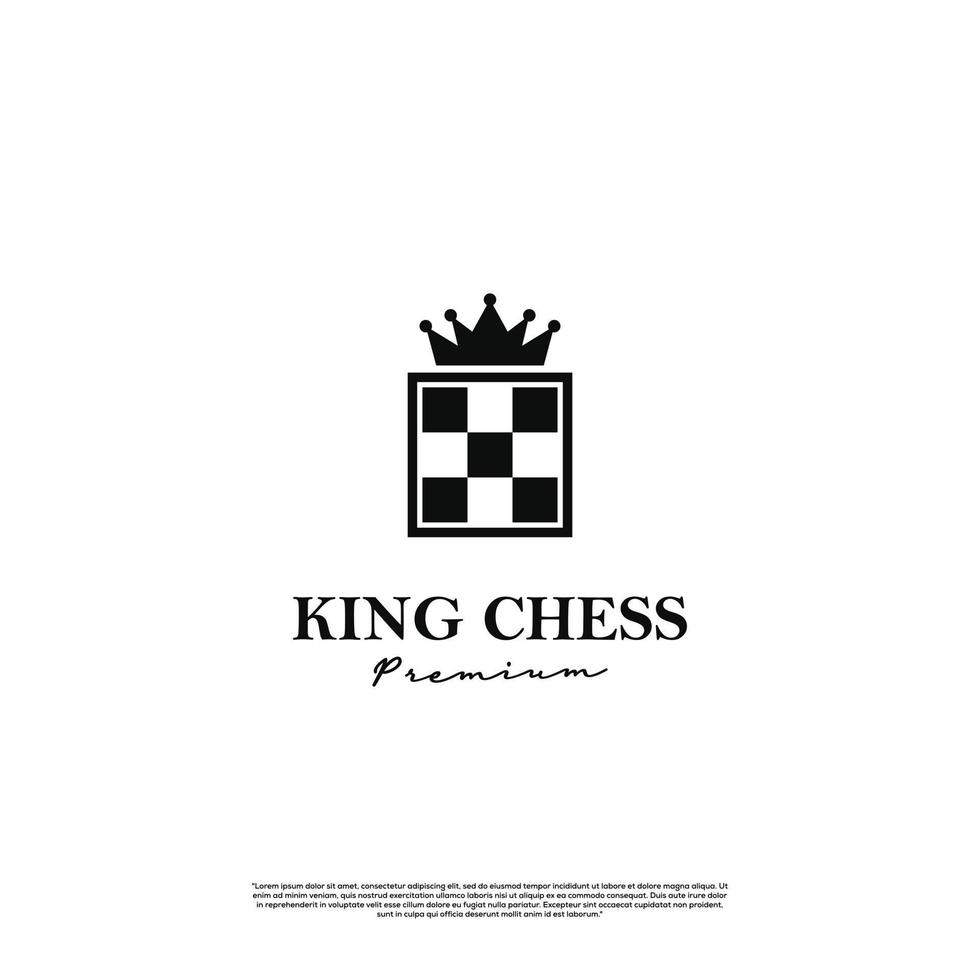 design del logo del re degli scacchi icona monocromatica in bianco e nero, scacchiera con concetto di logo della corona vettore