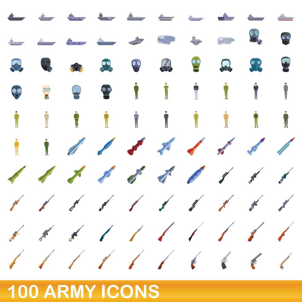 100 set di icone dell'esercito, stile cartone animato vettore