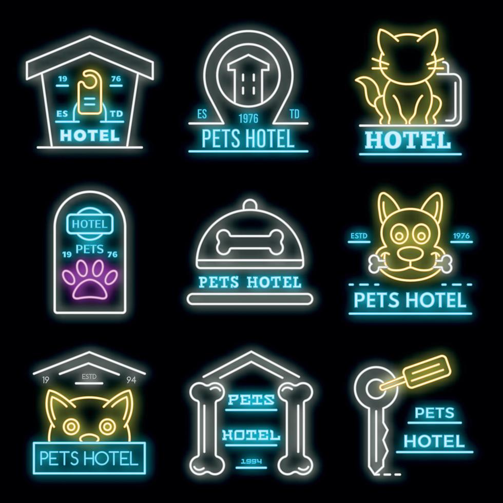 animali domestici hotel icone set vettore neon