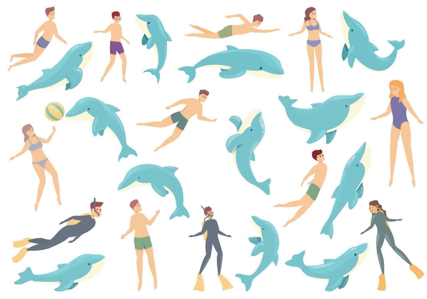 nuotare con le icone dei delfini impostare il vettore del fumetto. animale a mano