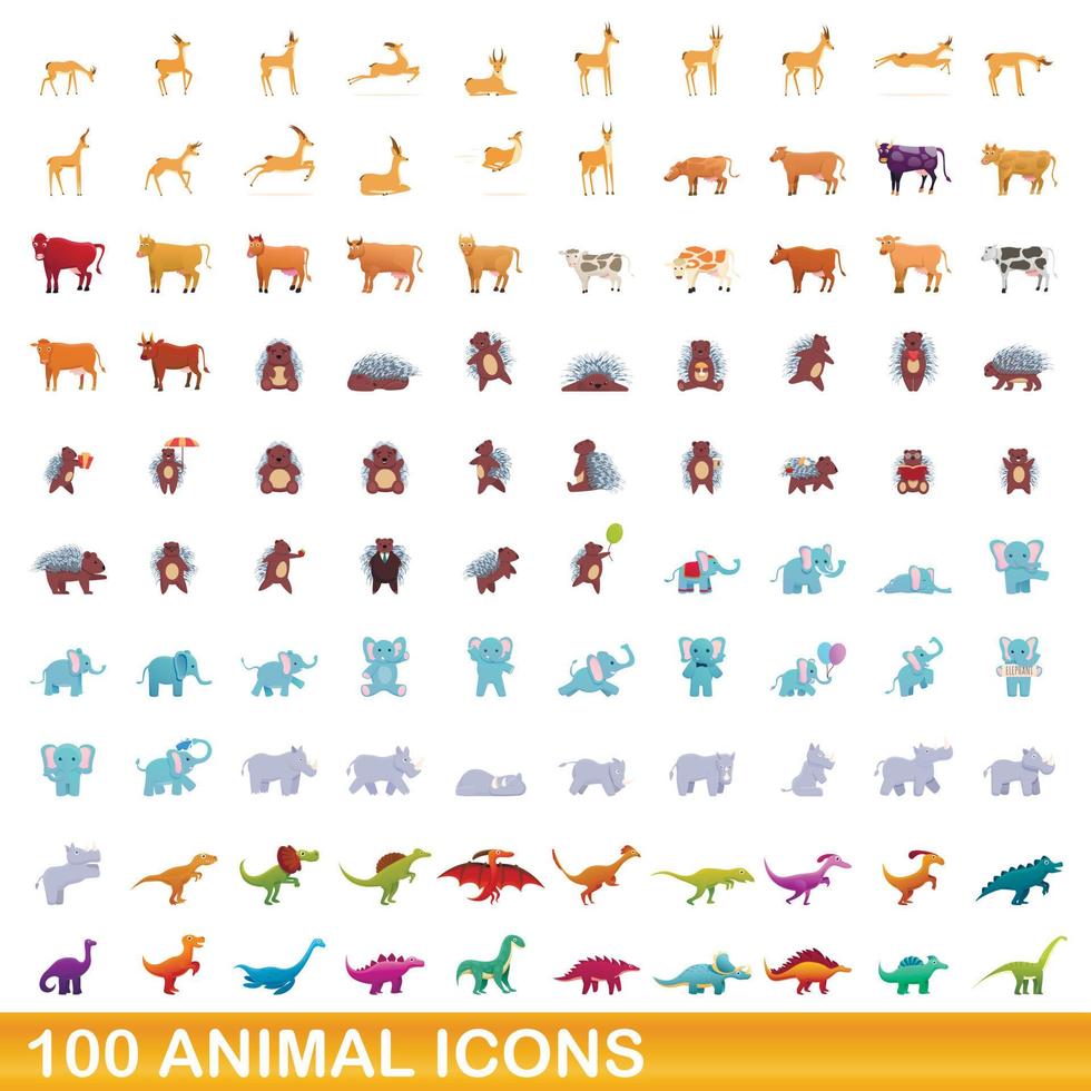 100 icone animali impostate, stile cartone animato vettore