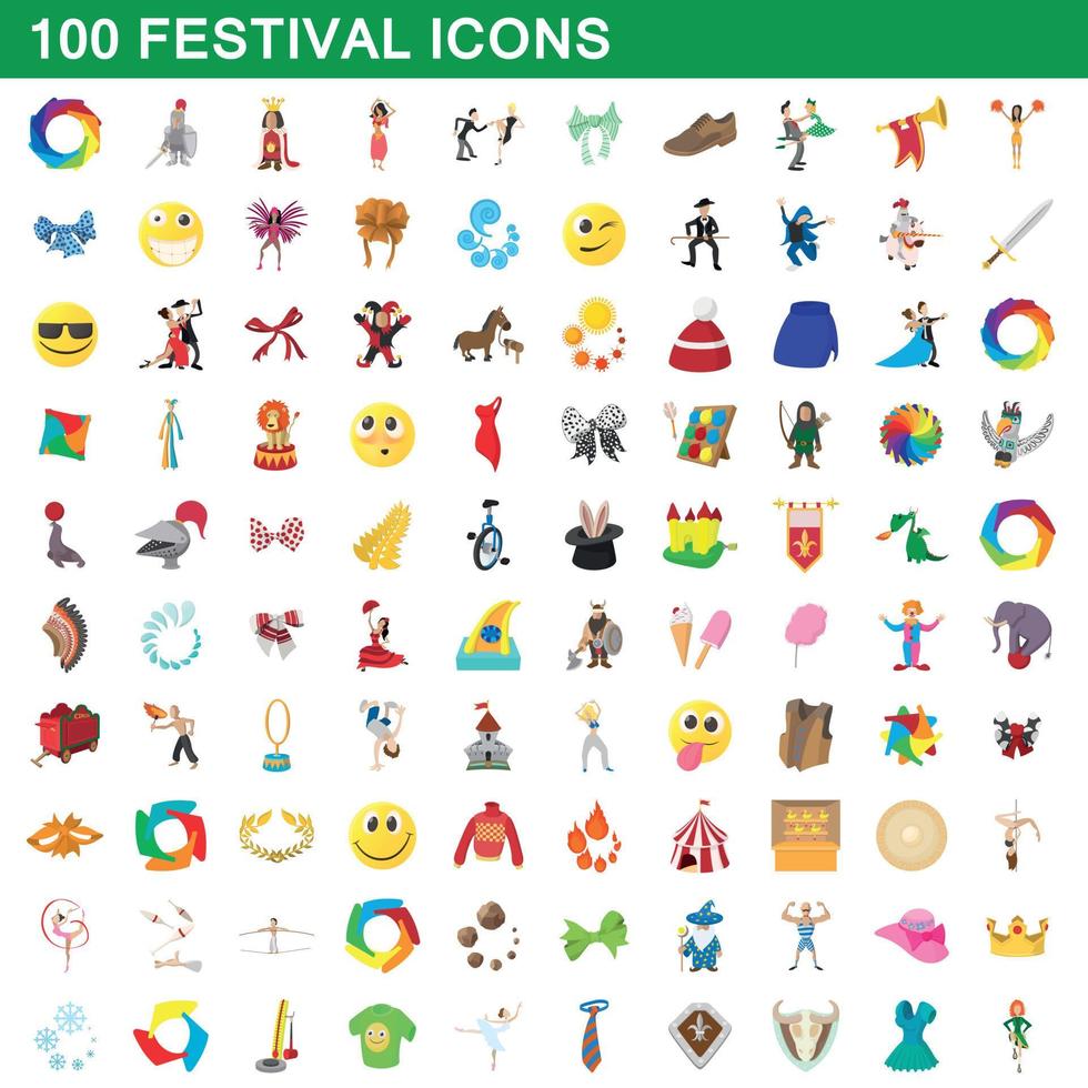 100 set di icone del festival, stile cartone animato vettore