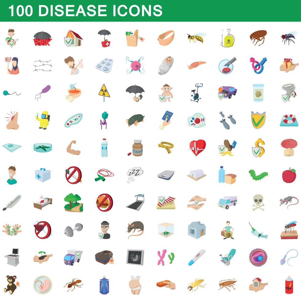 100 icone di malattie impostate, stile cartone animato vettore