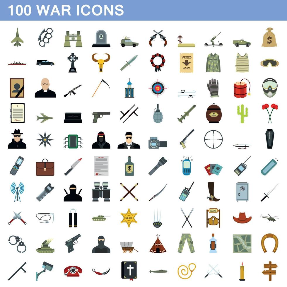100 icone di guerra impostate, stile piatto vettore