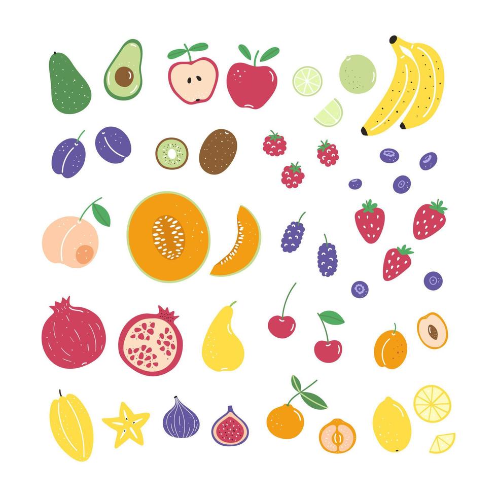 raccolta di diversi frutti e bacche disegnati a mano. illustrazioni vettoriali estive isolate su sfondo bianco. elementi alimentari sani. design per menu, carte, banner, libro di cucina