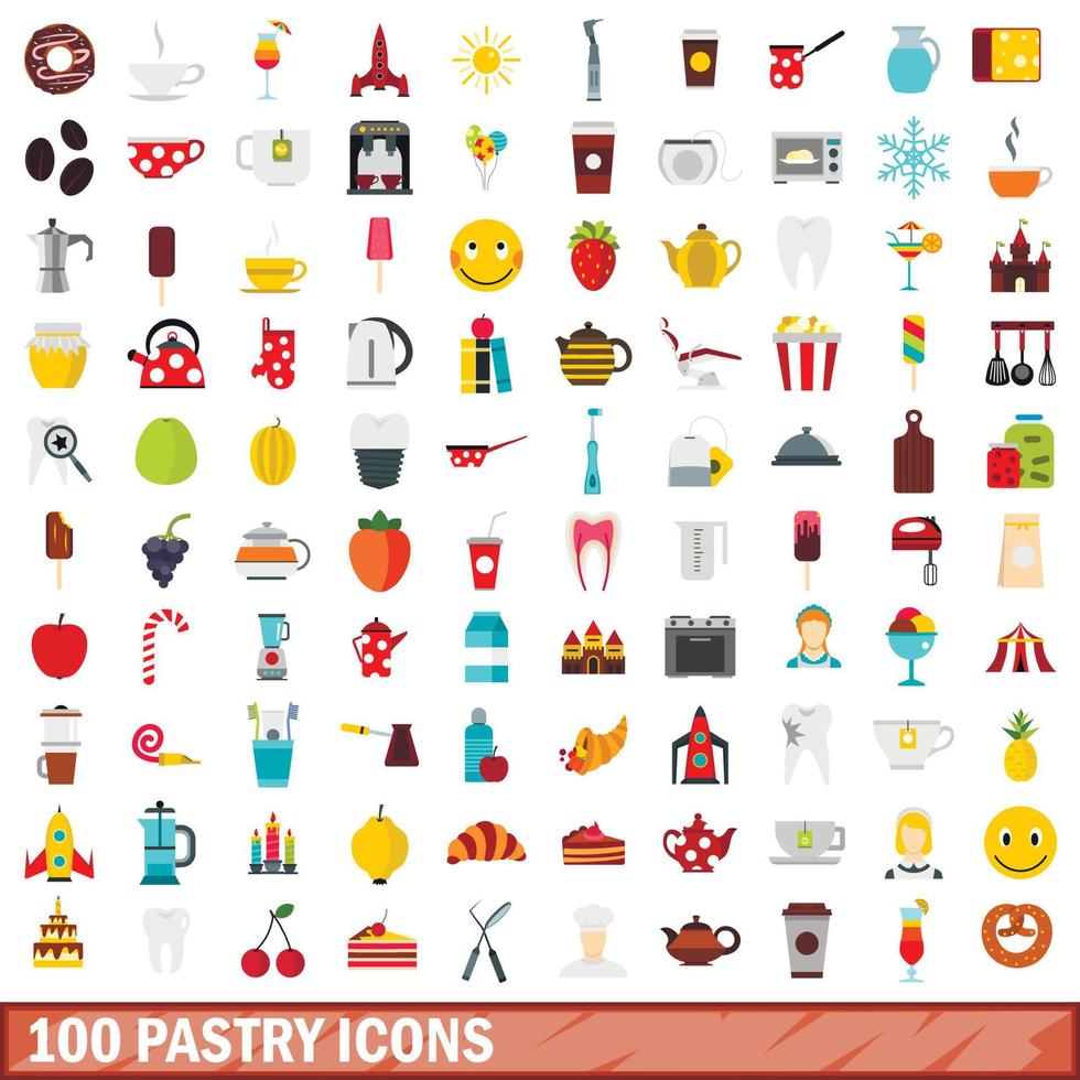 Set di 100 icone di pasticceria, stile piatto vettore