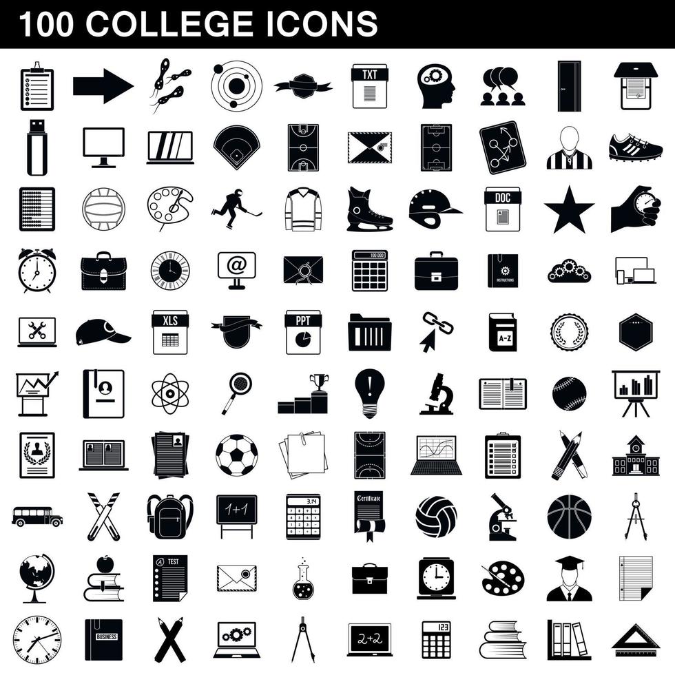 100 icone del college impostate, stile semplice vettore