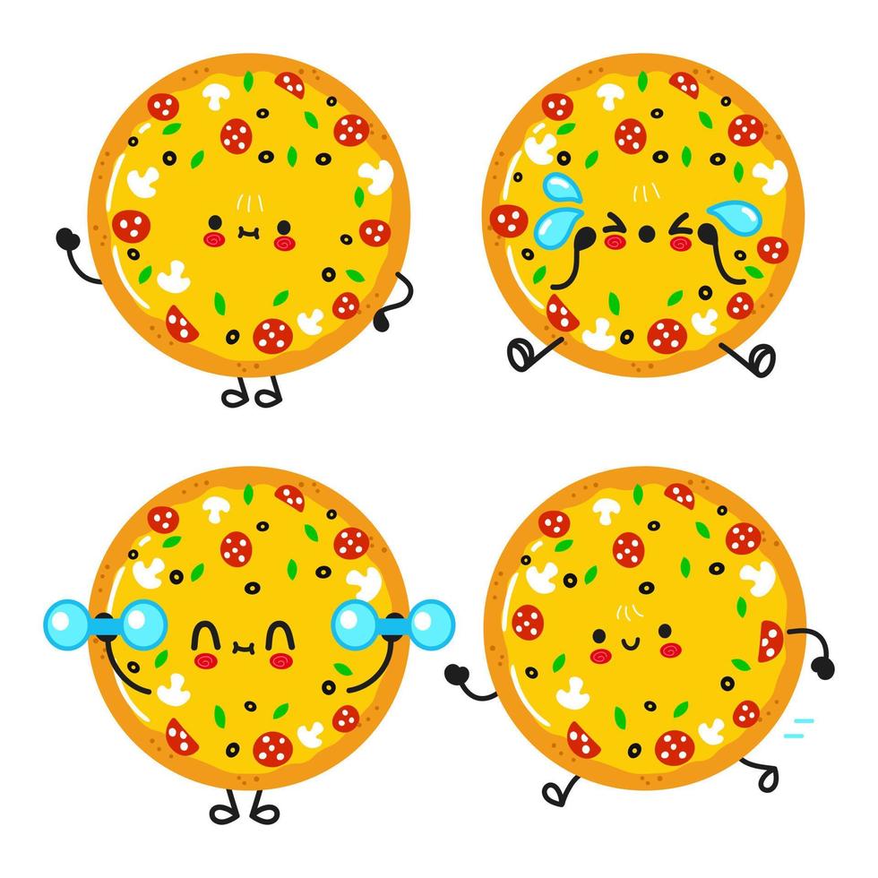 set di pacchetti di personaggi divertenti carino pizza felice. illustrazione di stile cartone animato linea kawaii vettoriale. simpatica collezione di personaggi mascotte pizza vettore