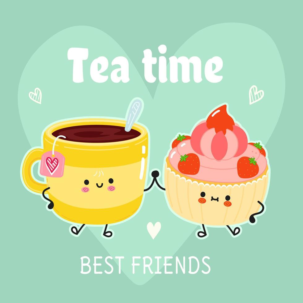 carino felice tazza di tè e carta torta. disegno dell'icona dell'illustrazione del personaggio dei cartoni animati di stile di doodle disegnato a mano di vettore. felice tazza di tè e torta amici concept card vettore