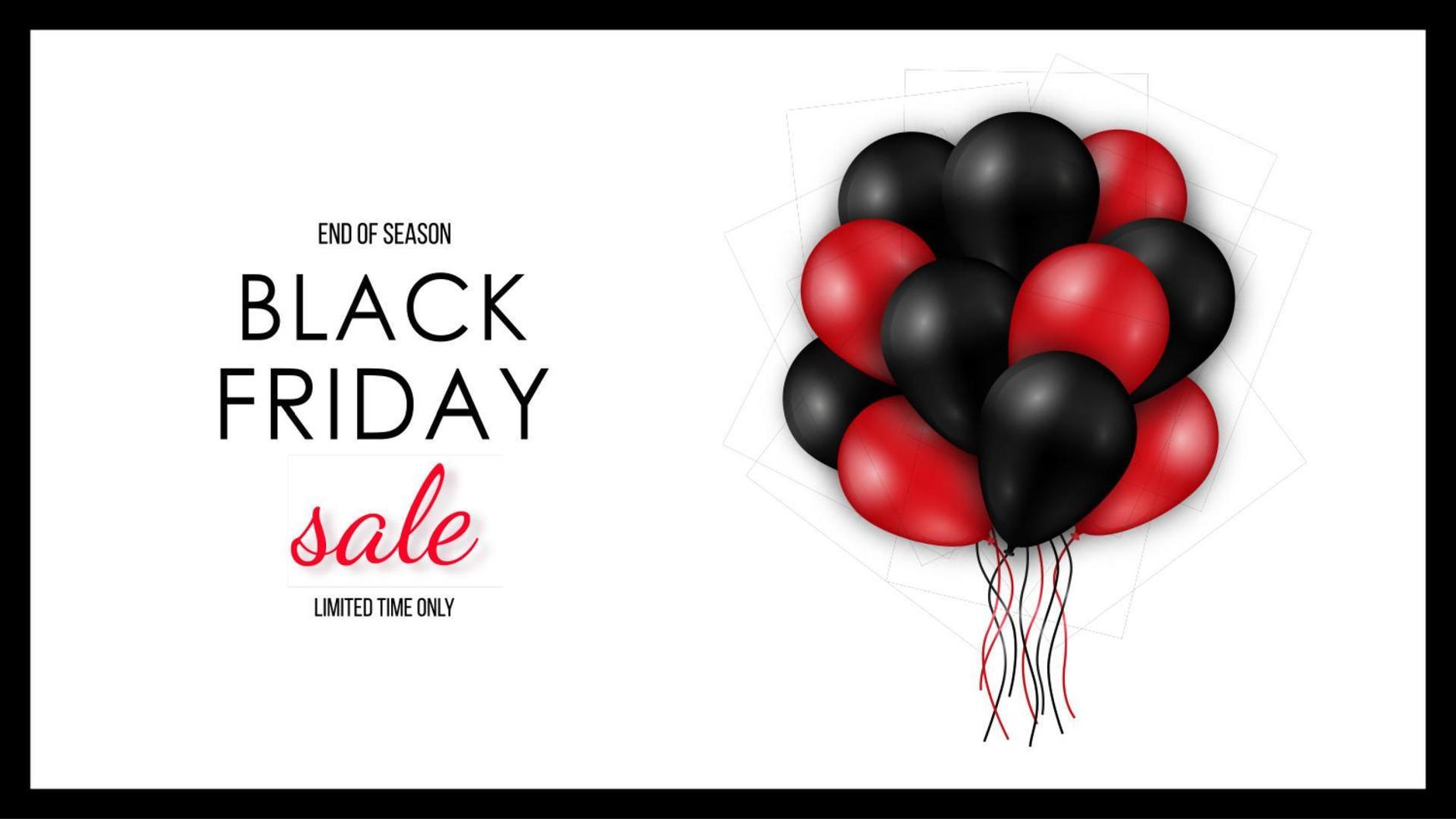 banner orizzontale vendita venerdì nero. palloncini neri e rossi lucidi su sfondo bianco. modello di disegno vettoriale. vettore