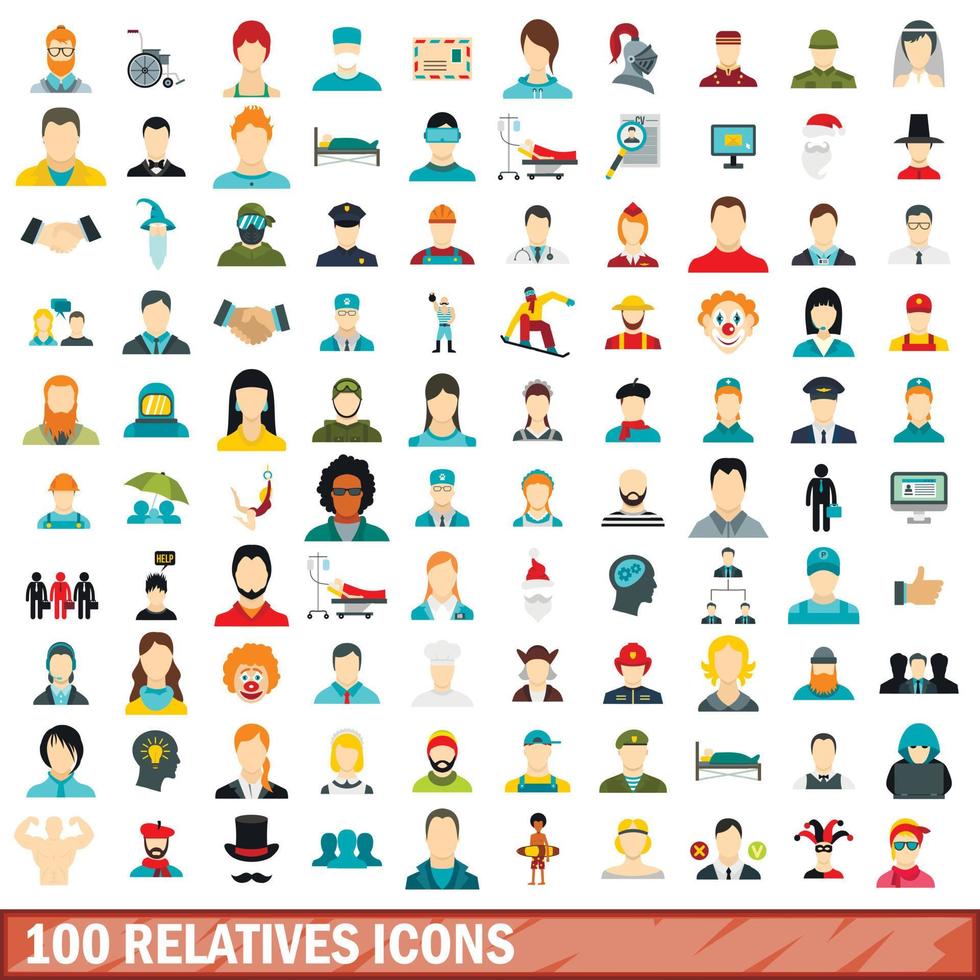 100 set di icone di parenti, stile piatto vettore