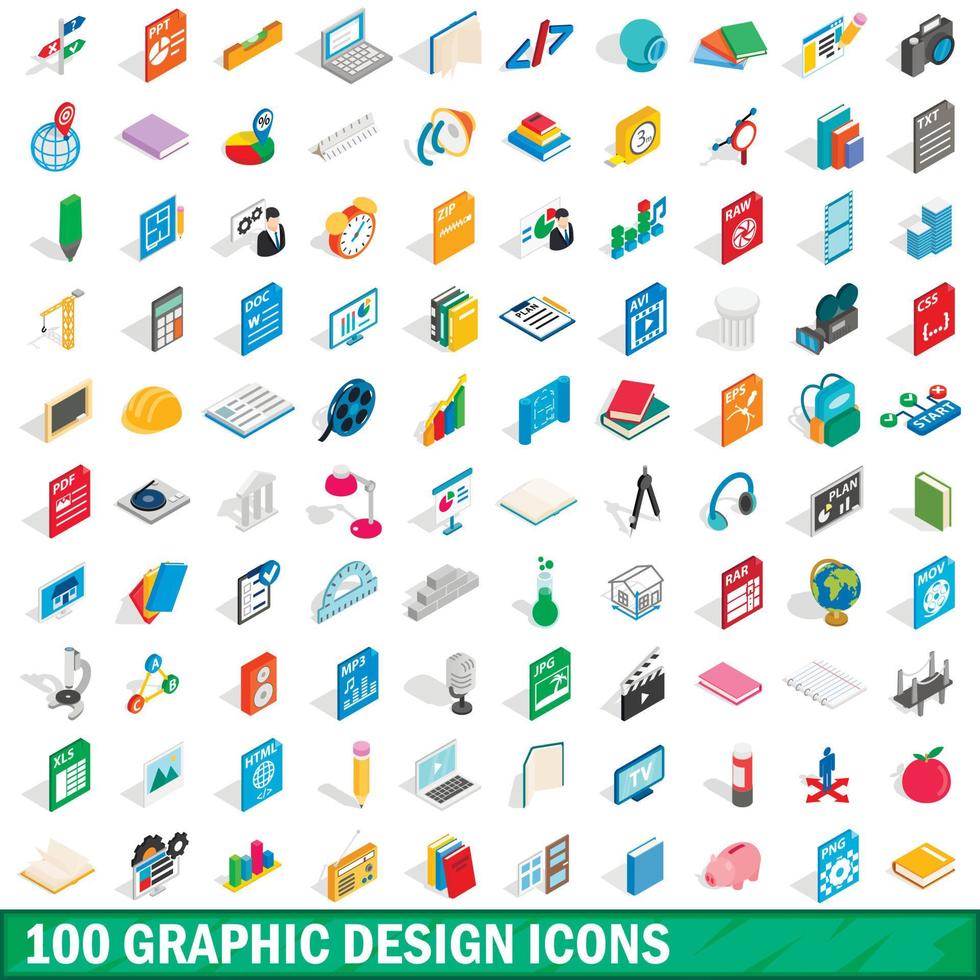100 set di icone di progettazione grafica, stile 3d isometrico vettore